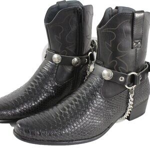 Men Biker Silver Metal Chain Pair Black Boot Straps Native American Charm Indian